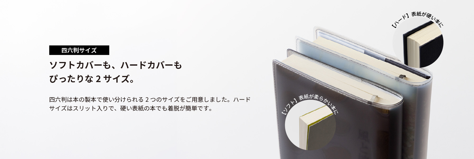 ソフトカバーも、ハードカバーもぴったりな2サイズ。四六判は本の製本で使い分けられる2つのサイズをご用意しました。ハードサイズはスリット入りで、硬い表紙の本でも着脱が簡単です。